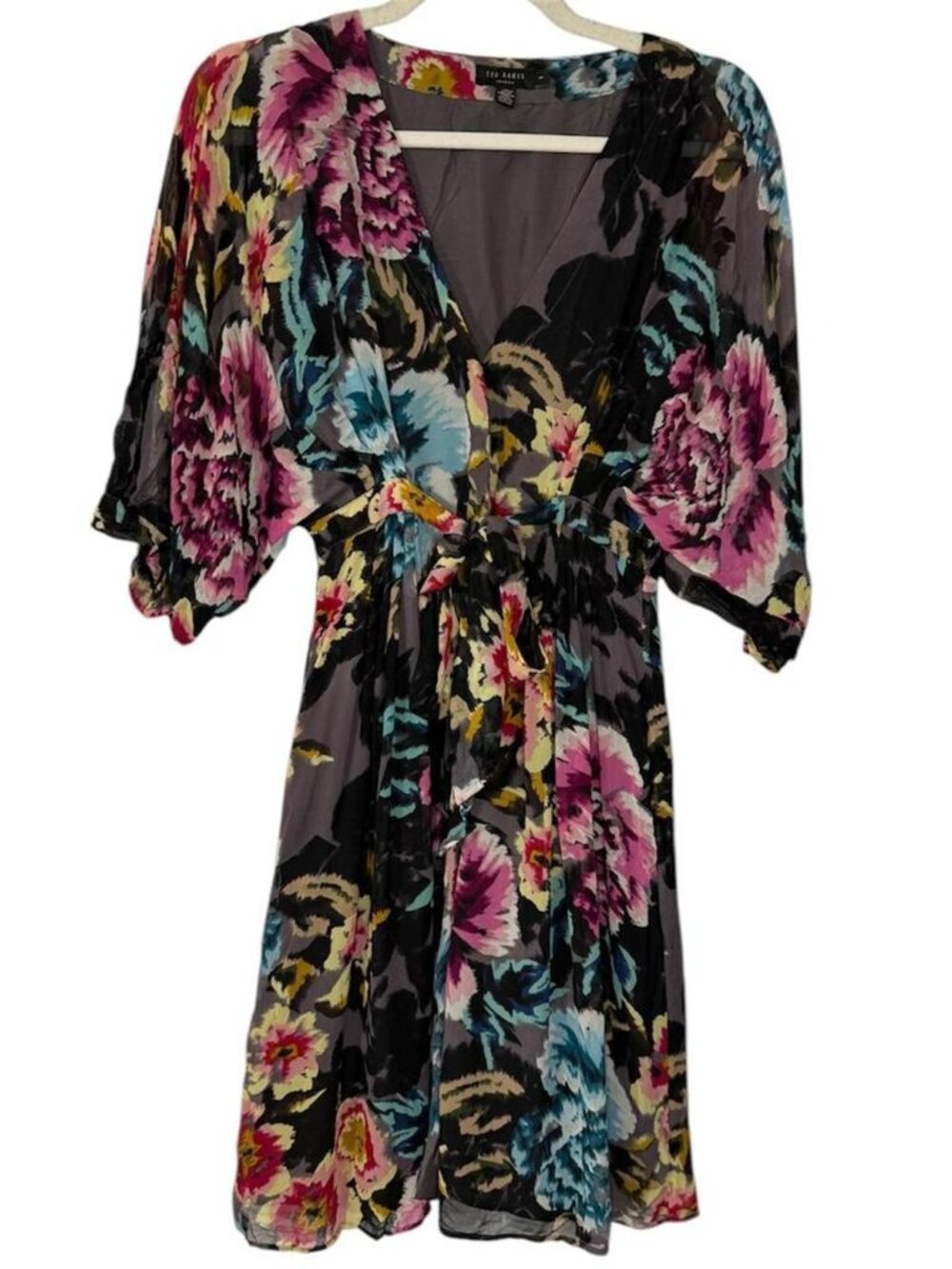 Ted Baker Floral Print Silk Dress With Tie Waist Size 4